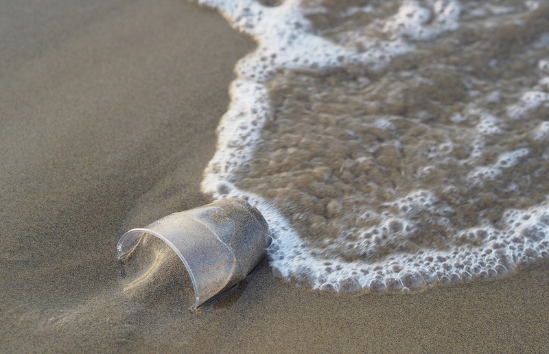 pixabay_flockine Einwegplastikbecher im Sand, der von einer Welle umspült wird