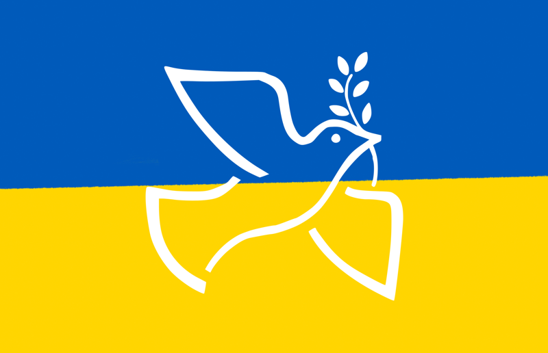 Im Hintergrund ist eine Ukraineflagge zu sehen. Im Vordergrund sieht man eine Friedenstaube
