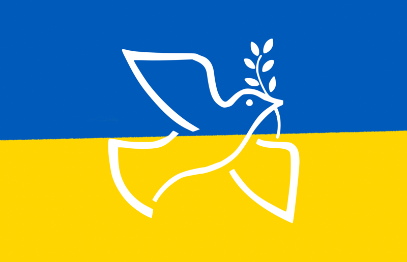 Werkzeug des Friedens / canva Im Hintergrund ist eine Ukraineflagge zu sehen. Im Vordergrund sieht man eine Friedenstaube